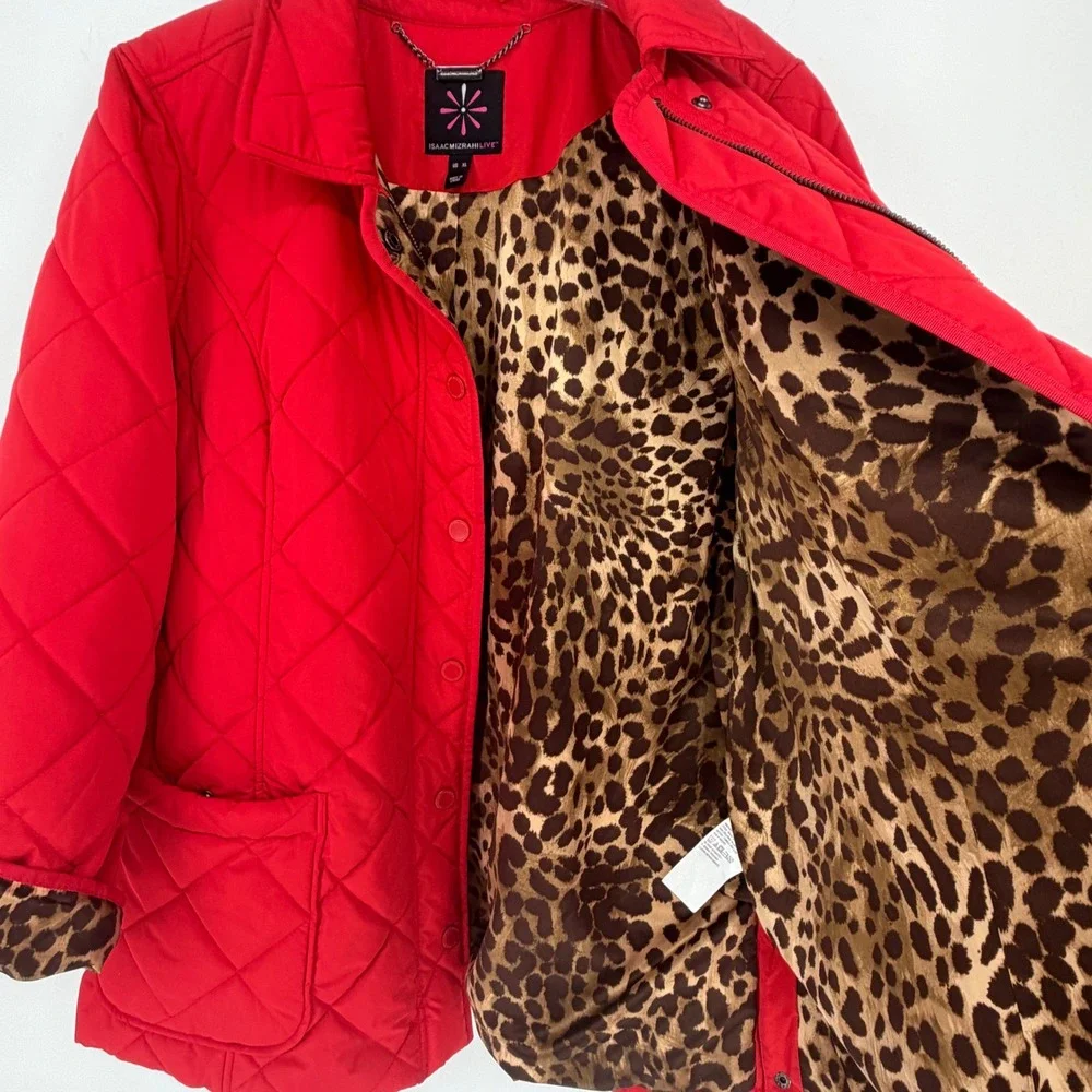 Isaac Mizrahi Quilted Red Jacket Leopard Print Lined Snap Button Pockets Size XL - Picture 4 of 7